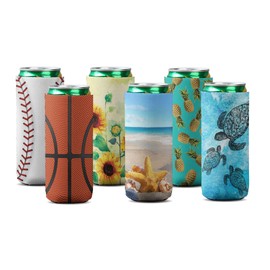 WIRESTER 12 OZ Tall Can Sleeve, Can Cooler Sleeves for Soda Beer Can Drinks, 6 Pack - Baseball, Basketball, Ocean Sea Turtles, Seashells On The Beach, Sunflowers, Paradise Pineapples