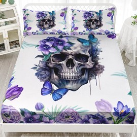 AILONEN Sugar Skull Fitted Sheet Set Queen Size,Purple Floral Themed Bedding Skull Sheets,Butterfly Skull Printed Bedsheet 3 Pieces,1 Fitted Sheet and 2 Pillowcases