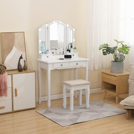 Caroeas Vanity, Tri-Fold Makeup Vanity with Mirror, Lights and Padded Vanity Stool, Solid Wooden Vanity Set, 4 Drawers, 2 Brush Slots and 2 Open Compartments, White Vanity Table