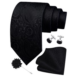 GUSLESON Mens Black Tie Paisley Wedding Solid Silk Necktie Pocket Square Cufflinks and Lapel Pin Brooch Set (6103-09)