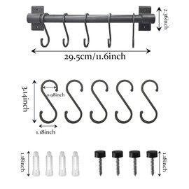 FuninCrea Kitchen Hook Rail, 30 cm Aluminium Kitchen Rail with 5 Movable Hooks, Wall Mounting Rod for Kitchen Utensils, Organiser, Multi-Purpose Hanging Rail for Spoon, Fork, Towel (Grey)