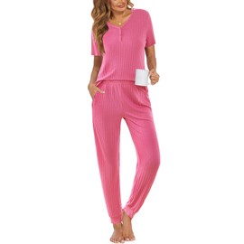 Ekouaer Pajama Sets for Womens Rib Knit Lounge Set Jogger Pants Short Sleeve Sleepwear 2 Piece Outfits Set with Pockets Pink