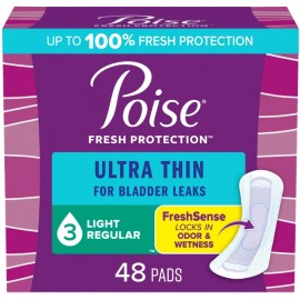 Poise Ultra Thin Incontinence Pads 3 Drop Light Absorbency Regular 48 Count