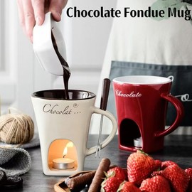 Fondue Cup, Chocolate Melting Fondue Mugs Set of with Forks and Candle, Ceramic Chocolate Melting Cup, Mini Chocolate Fondue Cups Set For Date Night Birthday Wedding Gifts (Red)