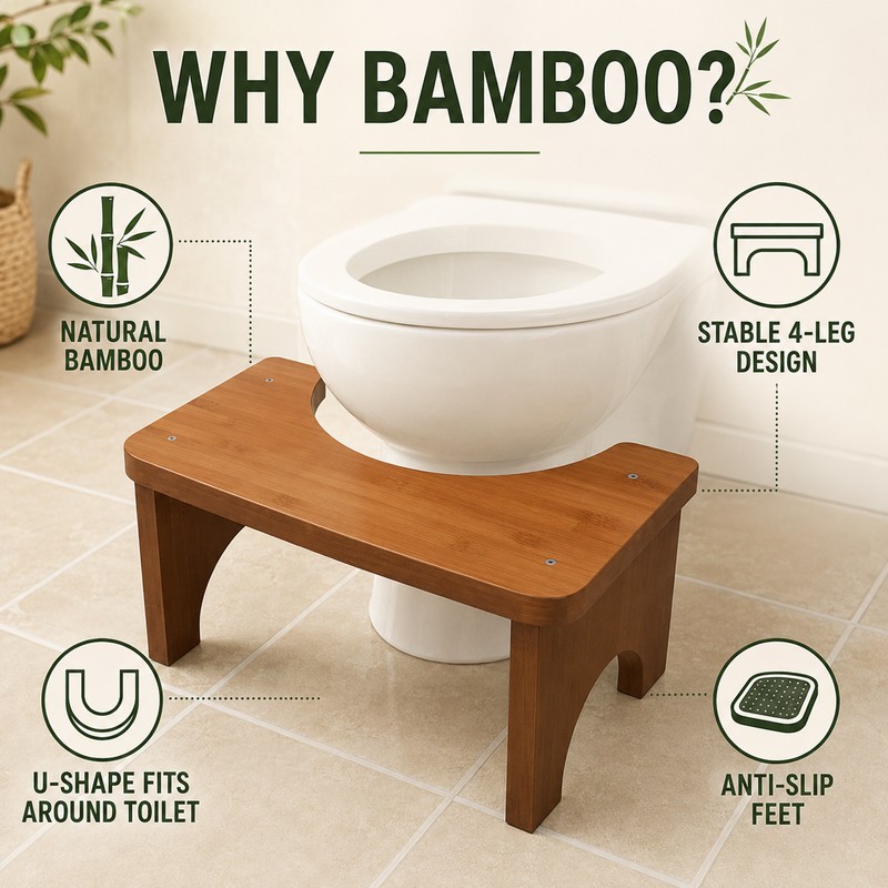Bamboo Toilet Stool for Adults and Kids, 6.7-Inch Non-Slip Bathroom
