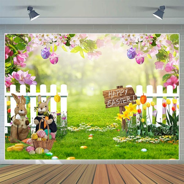 CYLYH 10x8ft Easter Bunny Backdrop - Happy Easter Day Background