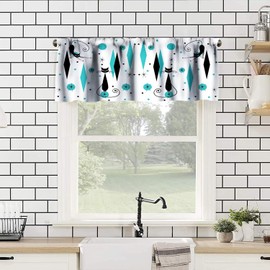 JESTRONRY Mid Century Style Valance Curtain,Black Cat Modern Abstract Geometric Blue Pattern Design,Decorative Curtain Valance for Kitchen Bedroom Decor with Rod Pocket