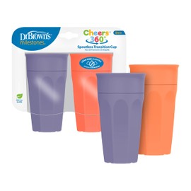 Dr. Brown's Milestones Cheers 360 Taza de transición sin boquillas, apto para viajes y sin fugas para bebés y niños pequeños, coral y morado, sin BPA,
