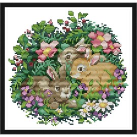 WOWDECOR Cross Stitch Kits for Adults Beginners Pre Printed, Rabbits Animals Flowers Grass Plants 14ct Stamped Advanced DIY Embroidery Kits with Pattern (Rabbit)