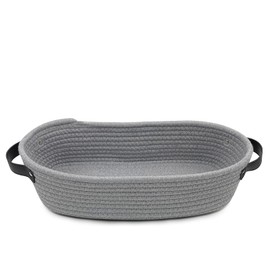 TENQUAN 1 x Cotton Rope Storage Basket with Leather Handle, 34 x 17 x 10 cm, Braided Shelf Basket for Cupboard Shelves, Decorative Basket Storage for Bedroom, Bathroom (Grey)