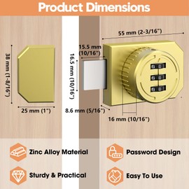 Mixizigoz Adhesive Cabinet Door Locks, Sturdy Keyless Pantry Lock Fit for One-Way Closet, Display, Glass - Stick on Lock for Cabinet Doors Drawer (1, Gold)