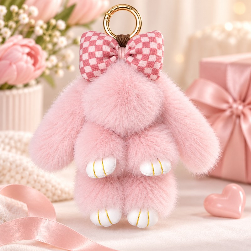 Fluffy Bunny Keychain for Holiday Gifting – Cute Bow Rabbit