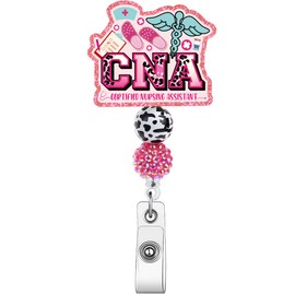 JoyAura ID Badge Holder - CNA Beaded Nurse Badge Reel Retractable for Hospital Supplies, Pink ID Badge Clip with Acrylic Glitter Accessories Gift for Nurse Practitioner