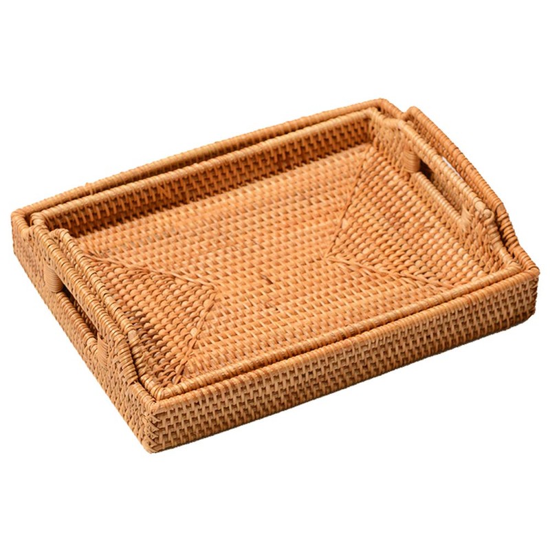 I-lan 2 Pack Rattan Rectangle Serving Basket Tray with Handle-