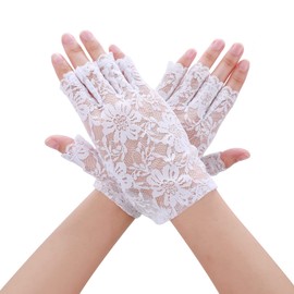 Sunblock Fingerless Gloves Bridal Lace Gloves Women Short Fingerless Floral Gloves Bridal Prom Gloves for Wedding Tea Party (White)