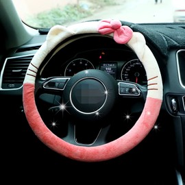 Cute Car Steering Wheel Cover, Universal Fit 15 Inch Soft Comfortable Plush Anti Slip & Odor Free Car Wheel Protector for Women Girls Pink