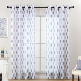 L.Z.E White Navy Blue Sheer Curtains 84 Inches Long 2 Panels Set, Geometric Dot Pattern Transparent Curtains for Living Room Bedroom, Light Filtering See-Through Printed Window Drapes Grommet Top
