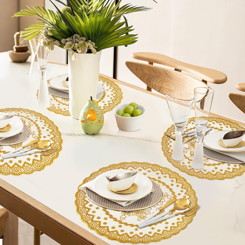 fanquare Round Gold Lace Placemats Set of 12, 15" Floral