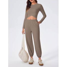 Fisoew Women's 2 Piece Lounge Sets Casual Long Sleeve Crossover Crop Tops Jogger Pants Tracksuits Outfits
