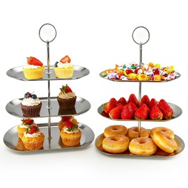 2PCS 3 Tiers Stainless Steel Cupcake Stand 3 Tiers Fruit Tray Dessert Plate Dessert Stand for Party Cupcake Display Tower for Birthday Wedding Afternoon Tea (Silver)
