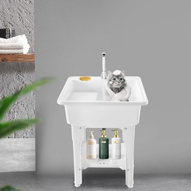 Kathring Laundry Sink, standing Plastic Laundry Sink with Washboard, Cold and Hot Water Faucet Hoses and Drain Kit for Laundry Room Garden(25.6x21.6x31.5inch)