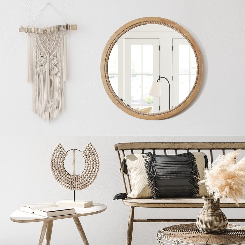 sawsile Round Wood Mirror,18 inch Circle Rustic Farmhouse Natural Wooden