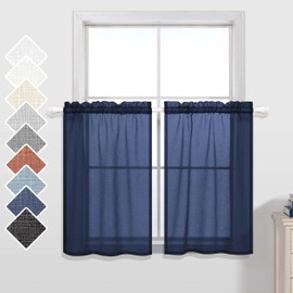 KOUFALL Short Curtains for Bathroom Window,Sheer Cafe Curtains for Kitchen 36 Inch Length,Navy Blue