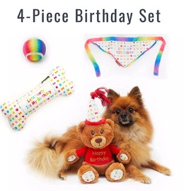 Dog Birthday Gift Box 4-Piece Hamper Present set, Perfect Dogs Happy Bday Celebration, includes Toys and Bandana (Small)