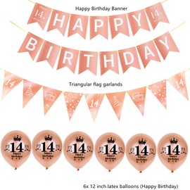 Rose Gold Garland Happy 14th Birthday Banner + 14th Birthday Triangle Flag Banner + 8 Pieces Happy 14th Birthday Balloons 14th Birthday Decoration for Girls, 14th Birthday Girl Party Decoration