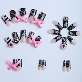 24 Pcs Press on Nails Medium YEFIUO Pink Nail Tips Acrylic Nail Kit Square Fake Nails Press ons Stick on Nails Full Cover Reusable Artificial False Nail Black French Bow Charms Glue on Nails for Women
