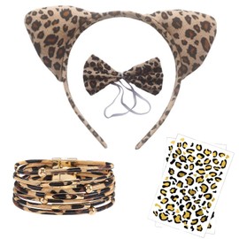 Mrracxy 4-Piece Leopard Costume Set, Animal Costume Animal Fancy Dress Set, Leopard Ears, Headband, Bow Tie, Bracelet with Leopard Print Tattoo, Safari Outfit Children, Carnival, Fancy Dress,