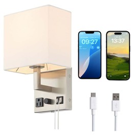 HomeFocus-Bedside Wall Sconces,Dimmable Wall Light with Outlet and Dual USB Charging Ports,Hardwired or Plug in,Wall Mounted Light,Wall Lamp for Bedroom,Living Room,Metal,Satin Nickel.