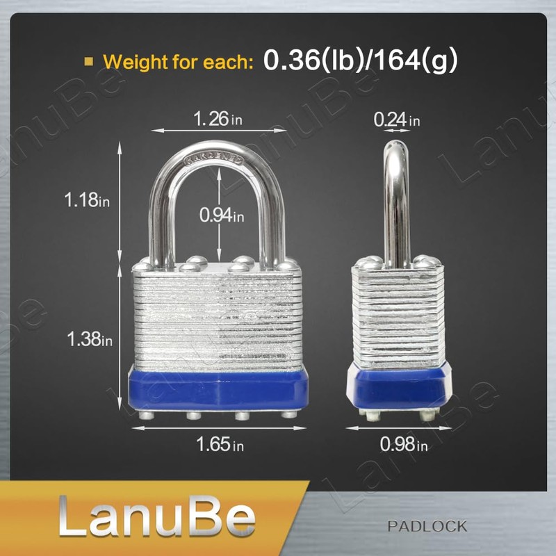 LanuBe Lock Laminated keyed Padlock (1-9/16", 40mm), keyed Alike Locks,