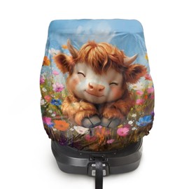 XYZCANDO Baby Highland Cow Infant Car Seat Cover Cartoon Summer Carseat Cover Protect from Sun/Hot Days Portable Baby Car Seat Shade Cover Elastic Infant Car Seat Protector Gift for Her
