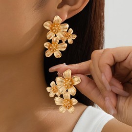 Gold Flower Earrings for Women Large Floral Stud Dangling Chunky Gold Flower Statement Earrings Summer Jewelry (Gold)