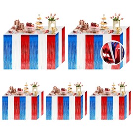 5 Pack 4th of July Foil Fringe Table Skirt 29x108 Inch Red White and Blue Metallic Foil Fringe Table Skirts for Rectangle and Round Tables for Memorial Day Independence Day Labor Day