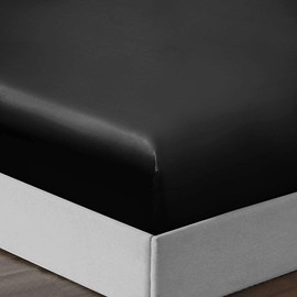 Silky Satin Fitted Sheet - Bottom Sheet - Deep Pocket - Breathability Shrinkage and Fade Resistant-Easy Care -1 Fitted Sheet Only (Black, Queen)