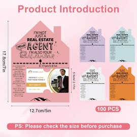 100-Pack Real Estate Agent Cards Kit-House-Shaped Cards (5x7”) Business Card Slot-5 Colors-Open House Marketing Supplies for Realtors, Home Sellers, Buyers & New Real Estate Agent Introduction cards