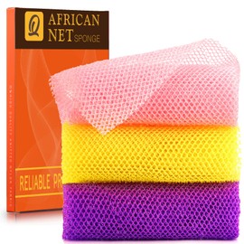 UJFQBH 3 Pieces African Bath Sponge African Net Long Net Bath Sponge Exfoliating Shower Body Scrubber Back Scrubber Skin Smoother,Great for Daily Use (Pink,Yellow,Purple)