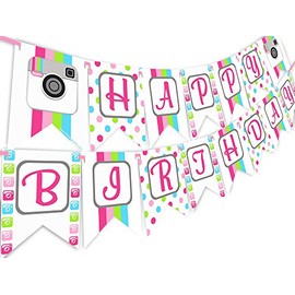 Pop, banderines de fiesta de cumpleaños con texto en inglés "Instagram Banner", diseño de arcoíris