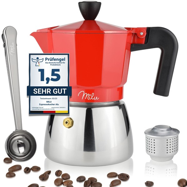 Milu Espresso Maker Suitable for Induction Cookers, 3, 6, 9 Cups, Aluminium Mocha Pot, Stainless Steel Espresso Pot, Espresso Maker Set Including Spoon, Brush (Red, 9 Cups (400 ml)