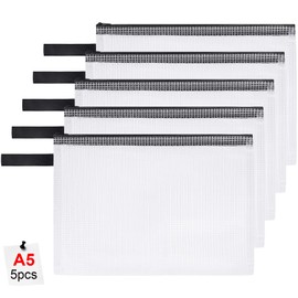 OFFCUP A5 Plastic Wallets, 5PCS Zip Lock Bags, Zipper Bags Mesh Document Bag Wallet Document File Folder Plastic Pockets Zipper File Wallet for School Office Home Travel Storage Bags (Black Zipper)