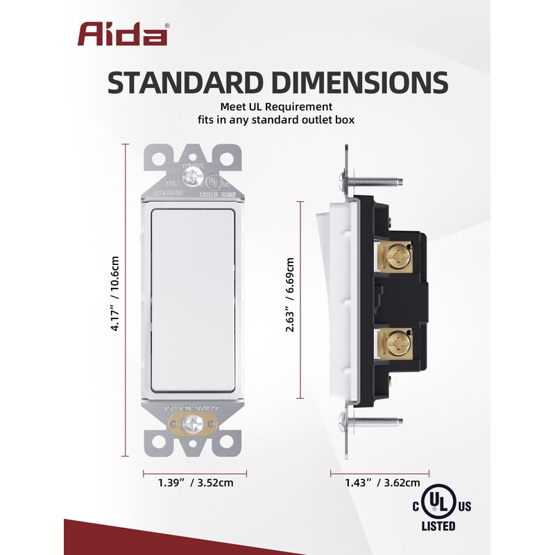 AIDA Matte White Single Pole Decorator Light Switch, 15Amp, 120/277V,