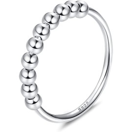 Milacolato 925 Sterling Silver Anxiety Spinning Rings with Beads Band Rings Fidget Rings for Anxiety Thin Stackable Rings for Women 10