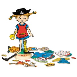 Micki & Friends Astrid Lindgren 44380700 Pippi Longstocking Magnetic Dressing Doll, 22 Pieces Made of Wood, Magnetic Game, Magnetic Wooden Toy, Children from 3 Years
