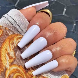 Outyua - Uñas postizas superlargas con diseño de ataúd brillante para presión sobre uñas postizas acrílicas para fiestas de graduación para mujeres y niñas (20 unidades), color blanco