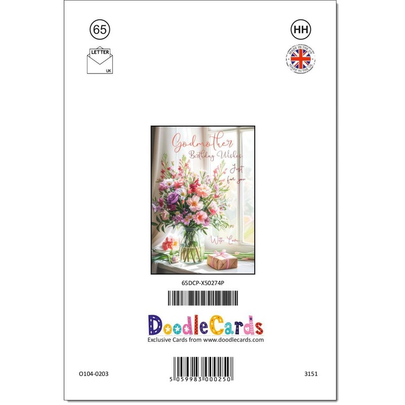 doodlecards Godmother Birthday Card Flower Bouquet and present Medium Size