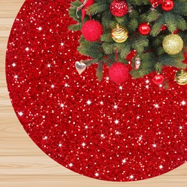 FANPROMS Large Christmas Tree Skirt 60 Inches Red Tree Skirt Christmas Ornament Glittery Sequin Tree Skirts Vintage Velvet Xmas Tree Skirt Rustic Farmhouse Tree Skirt Mat for Christmas Party Holiday