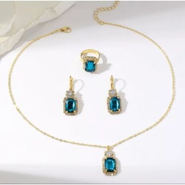 For Women Blue Water Jewelry Set Pendant Necklace & Drop Hook Earrings & Ring