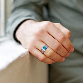 Men's Classic Square Blue Topaz Band Ring Blue Gemstone Ring Platinum Gold Vermeil Silver Wedding Engagement Anniversay Fashion Promise Band Ring, Size 8